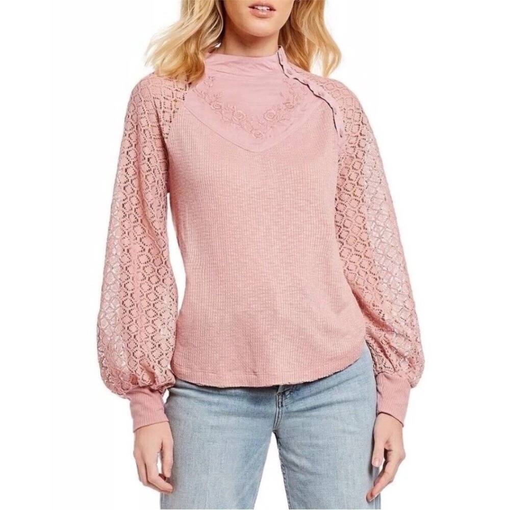 Free People Women's‎ Sweetest Thing Thermal Pink Blush Top Lace Balloon Sleeve M - Picture 3 of 16
